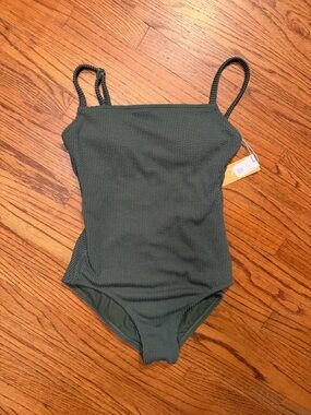 Women's Pucker Textured Square Neck One Piece Swimsuit, Dark Green, M 8-10